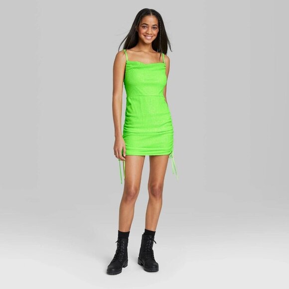 Wild Fable Lime Green Sequin Accent Ruched Side Bodycon Mini Dress - Picture 1 of 11